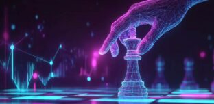 A glowing neon hand moves a chess piece on a digital chessboard, with illuminated financial charts and data points in the background, symbolising strategic decision-making, investment planning and business growth.