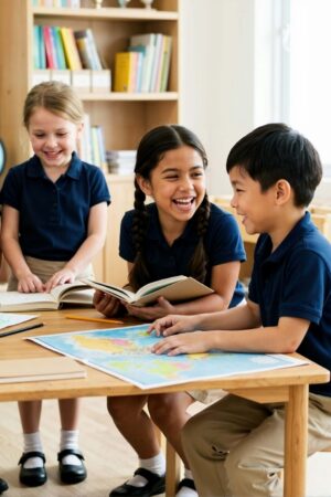 Downloaded Diverse group of happy children collaborating around a table in a classroom. Elementary students in uniform learning with a world map and books