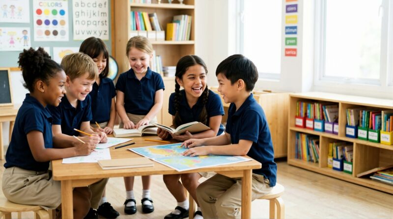 Downloaded Diverse group of happy children collaborating around a table in a classroom. Elementary students in uniform learning with a world map and books