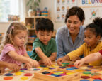 An educator guides a small group of young children through a hands-on wooden shape activity at a table in a bright, welcoming early learning classroom.