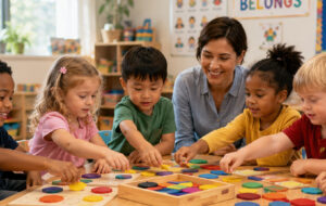 An educator guides a small group of young children through a hands-on wooden shape activity at a table in a bright, welcoming early learning classroom.
