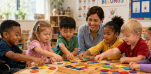 An educator guides a small group of young children through a hands-on wooden shape activity at a table in a bright, welcoming early learning classroom.