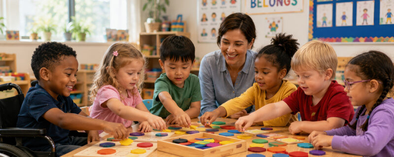 An educator guides a small group of young children through a hands-on wooden shape activity at a table in a bright, welcoming early learning classroom.