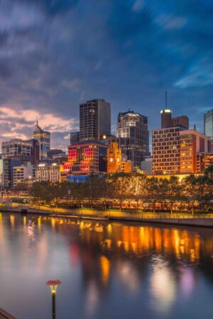 Cityscape image of Melbourne, Australia during dramatic sunset.
