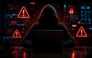 Australian business owner reviewing a suspicious payment request linked to AI-enabled fraud and cybercrime risks.