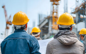 People wearing hard hats review project plans at a large industrial construction site. The image reflects infrastructure development and business planning associated with major defence-related projects and supply chain opportunities in the Northern Territory.