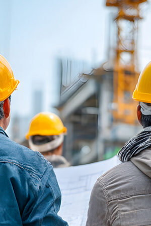 People wearing hard hats review project plans at a large industrial construction site. The image reflects infrastructure development and business planning associated with major defence-related projects and supply chain opportunities in the Northern Territory.