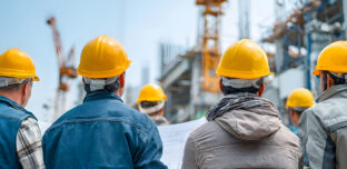 People wearing hard hats review project plans at a large industrial construction site. The image reflects infrastructure development and business planning associated with major defence-related projects and supply chain opportunities in the Northern Territory.