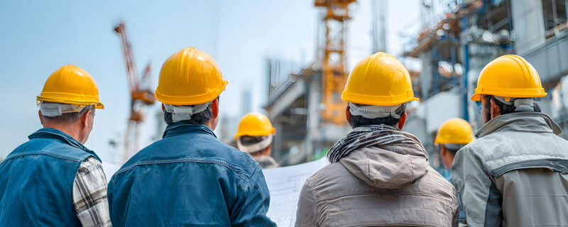 People wearing hard hats review project plans at a large industrial construction site. The image reflects infrastructure development and business planning associated with major defence-related projects and supply chain opportunities in the Northern Territory.