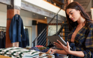 A retail worker checks stock on a tablet beside a table of folded jumpers in a warmly lit clothing store with a timber mezzanine.