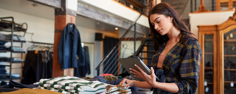 A retail worker checks stock on a tablet beside a table of folded jumpers in a warmly lit clothing store with a timber mezzanine.